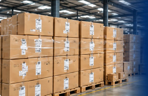 Stacked cartons in a warehouse